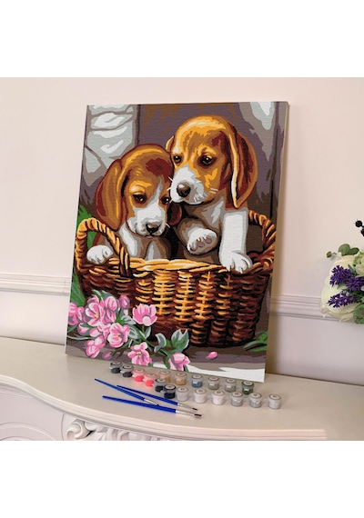 Sayılarla Boyama Seti 40 x 50 CM Tuval Şasesine Gerili Yavru Köpekler