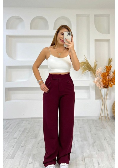 İrka Moda Irka Moda Bel Lastikli Cırtlı Palazzo Kırmızı Pantolon Kırmızı