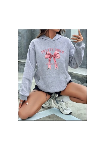 Herkesemoda Pertty Gırls Yazı Detay Baskılı İçi Polarlı Kapüşonlu Sweatshirt Gri