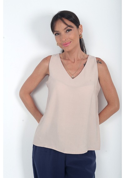 By Saygı Kadın V Yaka Pervazlı İtalyan Cotton Lyocell Bluz Bej