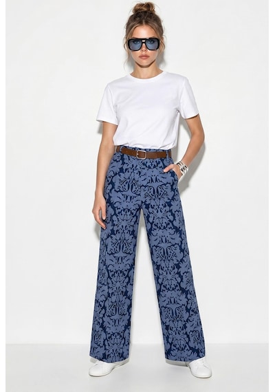 Shade Kadın Kemerli Likralı Desenli Yüksek Bel Bol Paça Denim Dokulu Pantolon 7670 60286219 - Lacivert