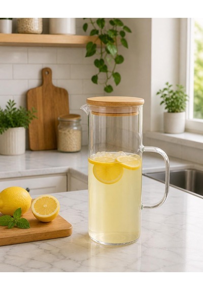Lexroo Cam Sürahi 1,5 Litre Bambu Kapaklı, Borosilikat Cam Sürahi, Limonata Sürahisi