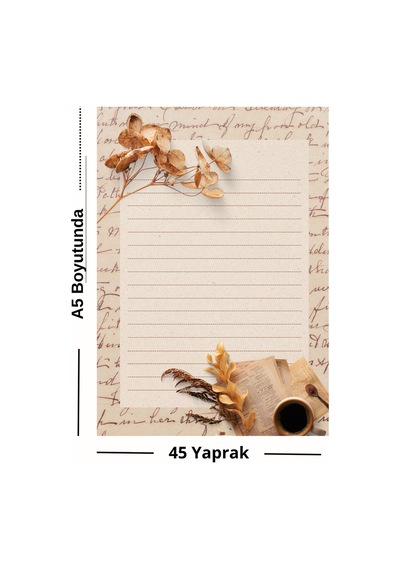 Kahve Ve Çiçek Desenli A5 Not Defteri 45 Yaprak Vintage Günlük Tasarımı Çok Renkli