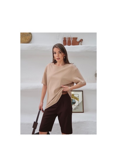 Paw Garage Kadın Mia İnterlok Kumaş Bisiklet Yaka Oversize T-shirt Bej