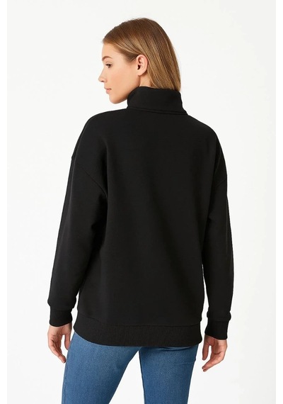 Tarzyeri Kadın 3 İplik Pamuklu Dık Yaka Yarım Fermuarlı Sweatshirt - Siyah