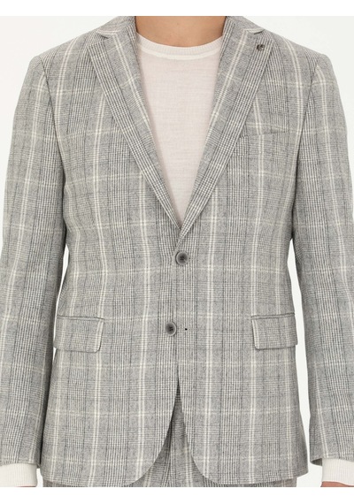 Cacharel Gri Slim Fit Yün Karışımlı Ekose Takım Elbise