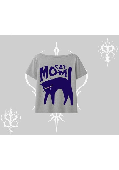 Startmore Startmore Cat Mom Yazılı Minimal Kedi Arka Baskılı Kayık Yaka Tshirt Gri