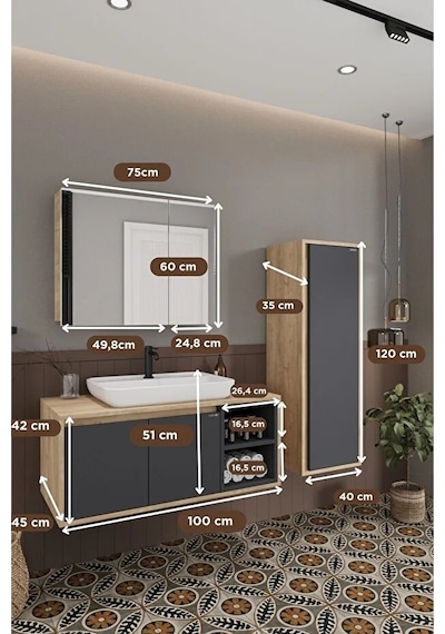 Lale 80 Cm Set %100 Mdf Lavabolu Banyo Dolabı Aynalı Dolap Boy Dolabı Antrasit Lale 80 Cm Set %100 Mdf Lavabolu Banyo Dolabı Aynalı Dolap Boy Dolabı Antrasit