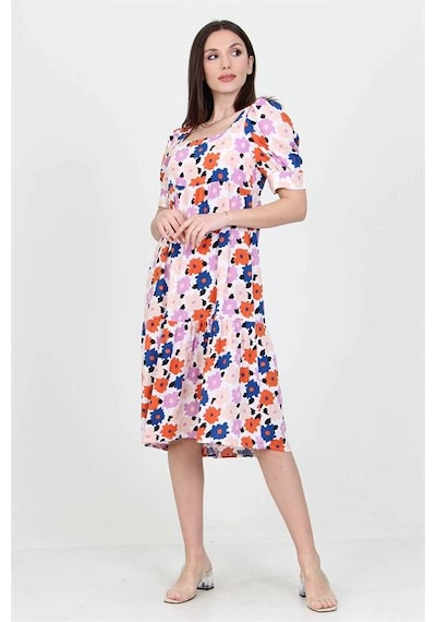 Neşeli Butik Kadın Pudra Kare Yaka Eteği Fırfırlı Çiçek Desenli Viskon Elbise Nb10026 Pudra