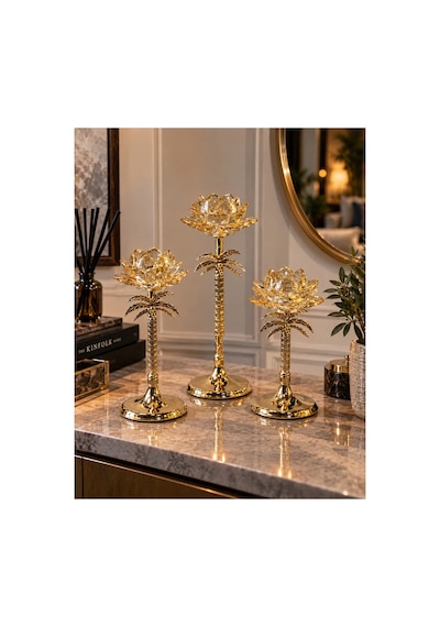 Sleep Nova Gold Kristal Lotus Çiçeği Dekoratif Obje 3 Lü Set
