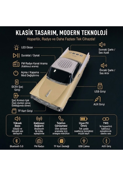 Buffer Retro Klasik Araba Bluetooth Hoparlör, Işıklı Nostaljik Radyo, Uzun Gövdeli Klasik Otomobil Tasarımlı
