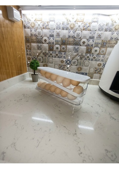 2 Adet 2 Şer Katlı Set Şeffaf Eğimli Otomatik Kayar Yumurta Buzdolabı Standı Saklama Kutusu 14x2 Toplam 28 Yumurtalık15 Cm X 32 Cm Beyaz