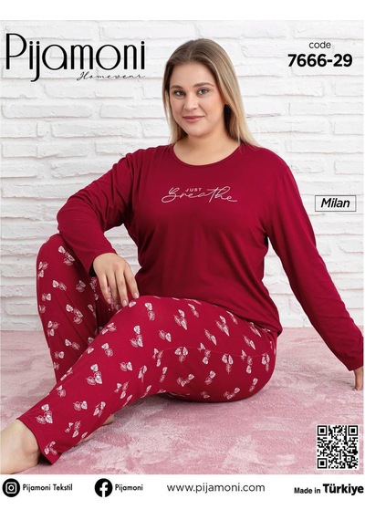 Pijamoni Kadın Milan Büyük Beden Bisiklet Yaka Uzun Kol İnce Pijama Takımı 7666/29 - 1 Adet Kırmızı Pijamoni Kadın Milan Büyük Beden Bisiklet Yaka Uzun Kol İnce Pijama Takımı 7666/29 - 1 Adet Kırmızı