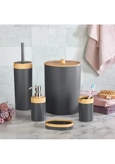 Bersachef Limpia Bambu Desenli 5'li Banyo Seti Çöp Kovası Sıvı Sabunluk Diş Fırçalık Kutusu Banyo Seti Gri