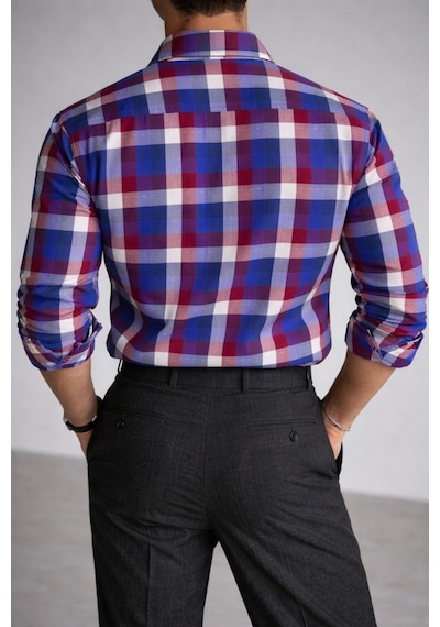 Erkek Ekose Gömlek Slim Fit Pamuklu Uzun Kollu Günlük Şık Gömlek Bordo