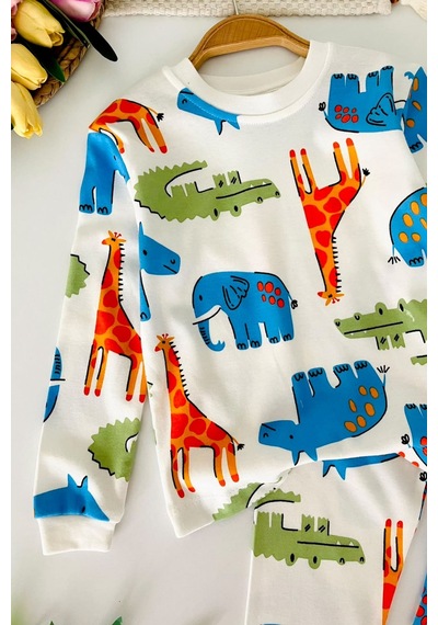 Minigimin Cicileri Hayvan Figür Baskılı Pamuklu Erkek Çocuk Pijama Takımı - Ekru