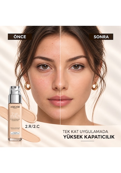 True Match Nemlendirici Likit Fondöten 30 Ml Hyaluronik Asitli, 24 Saat Kalıcı & Terlemeye Dayanıklı Doğal Bitiş 2R2C Rose Vanilla