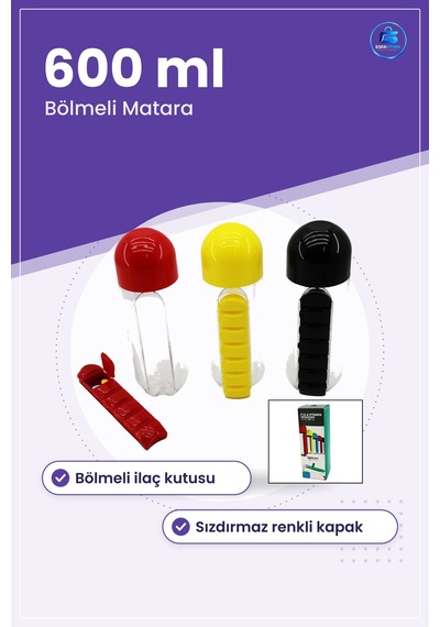 İlaç Kutusu Matara 600 Ml Plastik Suluk Bölmeli Günlük Hap Organi Çok Renkli