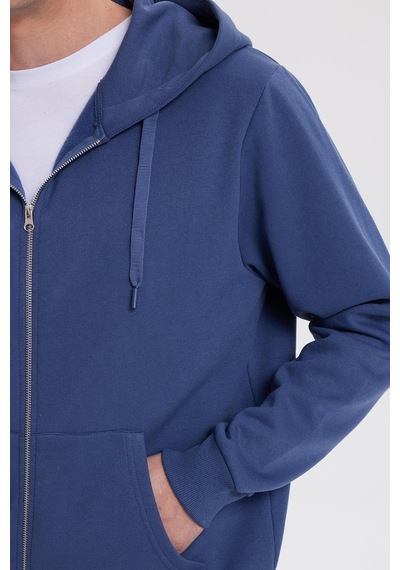 Tudors Unisex Relax Fit Rahat Kesim Pamuklu İçi Polarlı Çift Cepli Tam Fermuarlı İndigo Kapüşonlu Sweatshirt-41647 İndigo