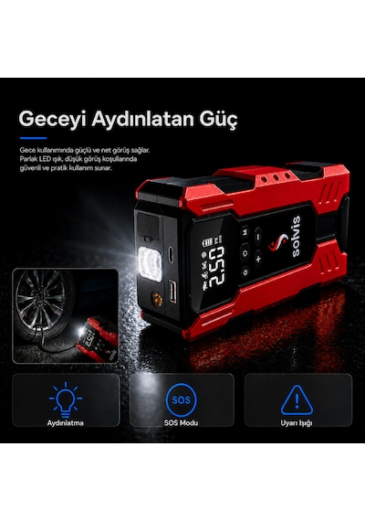 Solvis 4'ü 1 Arada 12v Akıllı Akü Takviye Cihazı, Lastik Şişirme Pompası, Powerbank Ve Led Aydınlatma Çanta Hediyeli