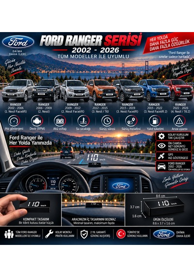 Ford Ranger 2002-2026 Modeller İçin Head Up Display Hayalet Gösterge Ekranı Ön Cam Hız Göstergesi