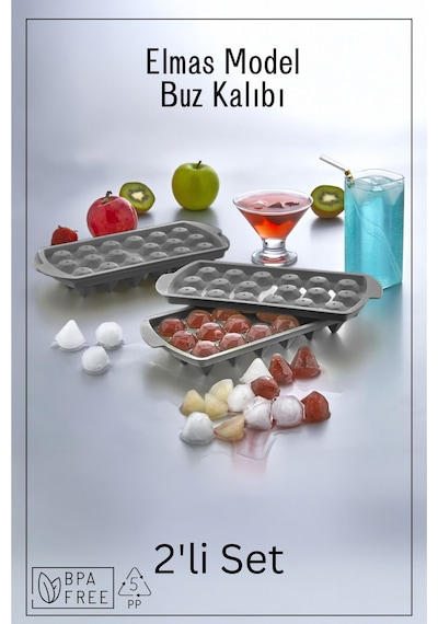 18 Bölmeli Elmas Model Buz Kalıbı - Buzluk - 2'li Set - Antrasit Plastik Diğer