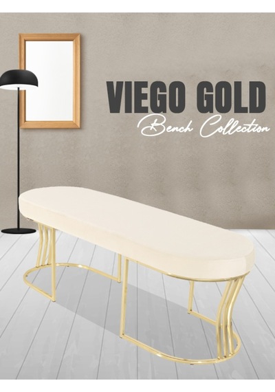 Viego Gold Smooth- Beyaz Kapitoneli Model Puf & Bench & Koltuk- Oturak-uzun Makyaj Puff-yatak Odası Ucu &önü