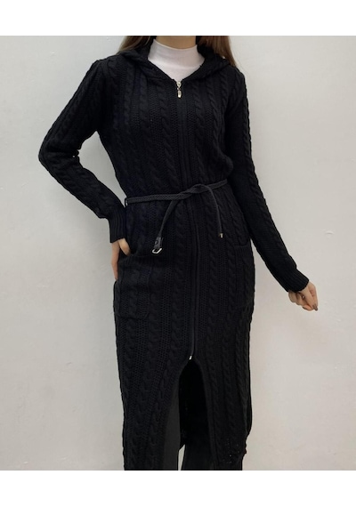 Onno Style Woman Spor Triko Fermuarlı Uzun Hırka Siyah