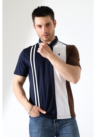 Rıbana Classıc Erkek Çizgili Şerit Detaylı Pamuklu Polo Yaka T-shirt Lacivert