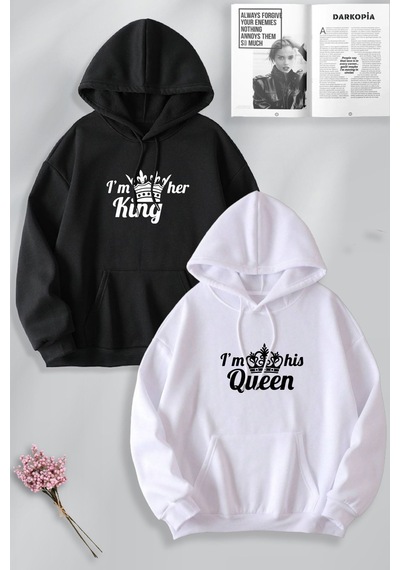 Macklin Sevgili Çift Kombini King Quenn Tasarım Baskılı Kapüşonlu Sweatshirt 2'li Set Siyah Beyaz Mck1473 Çok Renkli