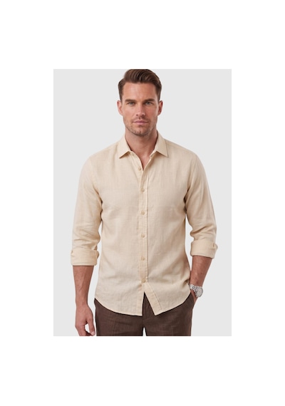Deepsea Erkek Bej Rahat Kesim Keten Görünümlü %100 Pamuk Yazlık Gömlek 2602628