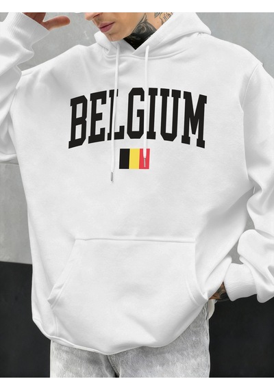 Startmore Startmorebelçika Mektubu Ve Bayrak Baskılı Erkek Kapüşonlu Üstleri Hip Hop Unisex Kapüşonlu Sonbahar P Beyaz