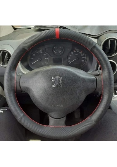 Dikişli Direksiyon Kılıfı Karbon / Nokta Deri Kırmızı Yüzük Kırmızı Dikişli Peugeot Partner İçin Siyah
