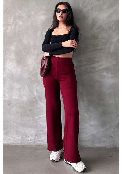 Bordo Yüksek Bel Düz Model Kadın İspanyol Paça Tayt Pantolon Mg2288 Bordo