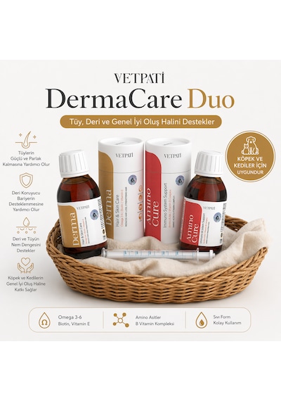 Vetpati Dermacare Duo Kedi Köpek Aminoasit & Vitamin Kompleksi + Deri & Tüy Destek Şurup Parlak Tüy, Sağlıklı Cilt Ve Genel Bakım Seti