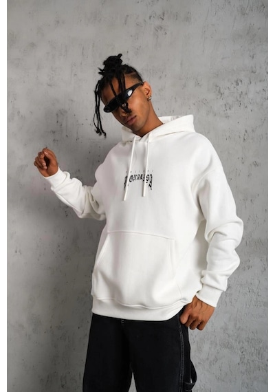 Erkek Baskılı Kapüşonlu Ve Kanguru Cepli Sweatshirt Hoodie - Beyaz Beyaz
