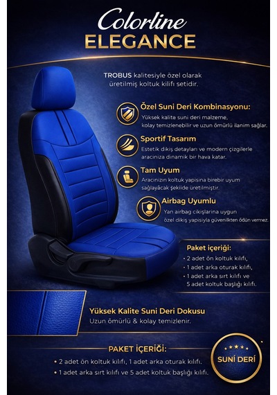 Opel Corsa 2006 Ve Sonrası Uyumlu Colorline Elegance Deri Mavi Siyah Koltuk Kılıfı