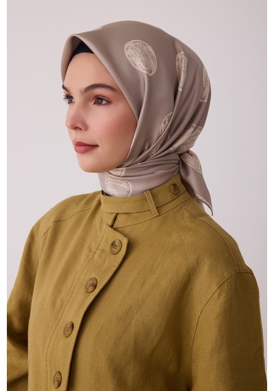 Belli Geometrik Desen %100 Twill İpek Eşarp Be27 Vizon-taş