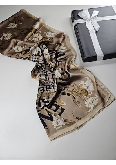 Miorel Scarfs Yeni Sezon Çiçek Desen Ekose Zincir Vual İpek Şal Premium Bej