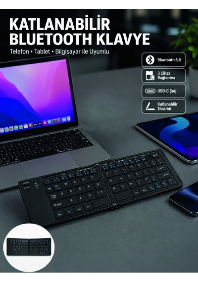 Katlanabilir Bluetooth Klavye 3 Cihaz Bağlantılı Kablosuz Taşınabilir Klavye - Lisinya