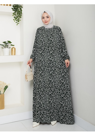 Nevayla Moda Desenli Önü Büzgülü Viskon Elbise - Haki / E0131 Haki