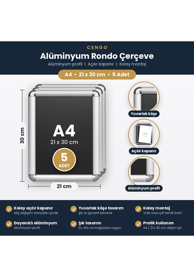 5 Adet A4 Alüminyum 21x30 Rondo Çerçeve 21 x 30 CM