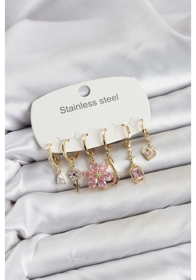 Mey İthalat 316l Çelik Gold Renk Pembe Zirkon Taşlı Lotus Detaylı Kadın Küpe Seti