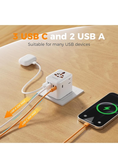Lexroo Evrensel Seyahat Adaptörü, 5 Usb Portlu Uluslararası Fiş Adaptörü, Abd'den Avrupa Birliği