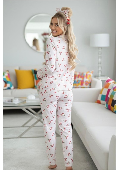 Siyah İnci Mevsimlik İnce Düğmeli Örme Pijama Takım 7978 Kiraz Desen