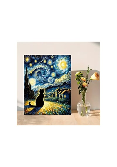 Van Gogh Esinli Siyah Kedi 5d Elmas Boyama Kiti Yıldızlı Gece Yuvarlak Taşlı Çerçevesiz Tuval