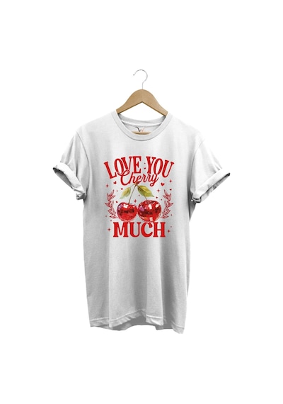 Love You Cherry Much Yazılı Kiraz Baskılı %100 Pamuk Unisex Regular Fit T-shirt Beyaz