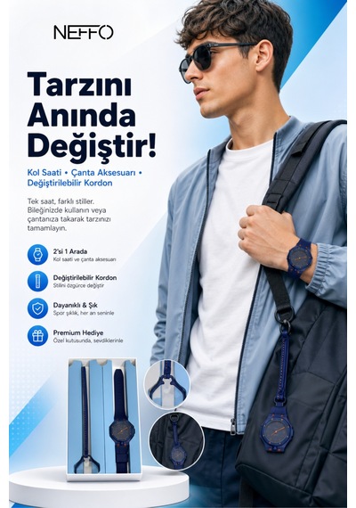2'si 1 Arada Spor Kol Saati Değiştirilebilir Kordonlu Çanta Askılı Unisex Lacivert