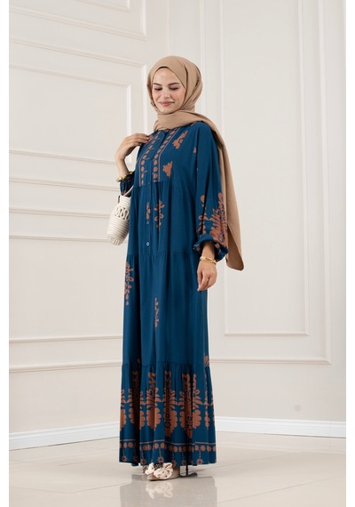 Sevitli Yarım Düğmeli Robalı Nesrin Elbise-mavi-5838