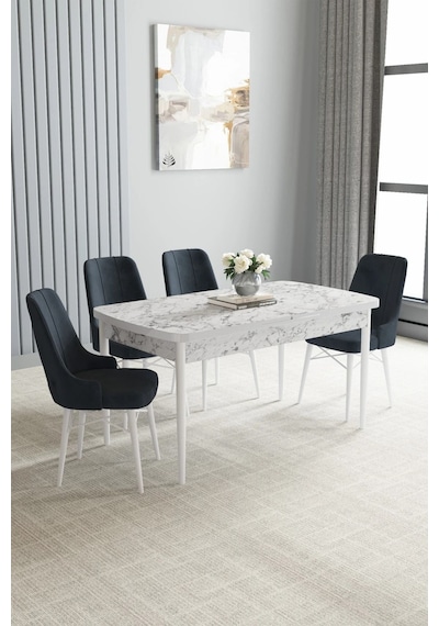 Zümra Serisi, Beyaz Mermer Desen 80x132 Açılabilir Mdf Mutfak Masası Takımı 4 Adet Sandalye Gri Zümra Serisi, Beyaz Mermer Desen 80x132 Açılabilir Mdf Mutfak Masası Takımı 4 Adet Sandalye Gri